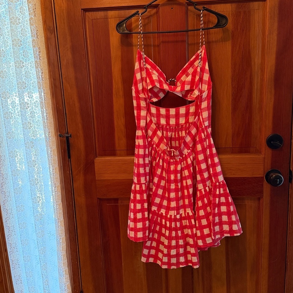 Red/pink and White Gingham cut out mini Dress M/L - Picture 4 of 17
